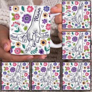 Aangepast maximaal 6 kinderen met mama's hand 3D opgeblazen mokomslag, mama-moksjabloon 11 oz, mama bloemenmok 11 oz png, moederdag koffiemokken png