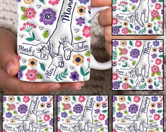 Custom Up to 6 Kids Holding Mom‘s Hand 3D Inflated Mug Wrap, Mama 11oz Mug Template, Mom Floral 11oz Mug Png, Mothers Day Coffee Mugs Png