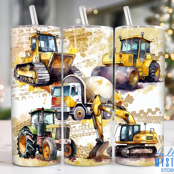 Construction Vehicles 20oz Tumbler Png, Dump Truck,Tractor,Excavator Tumbler 20oz Png, Vehicles 20 oz Tumbler Wrap, 20 oz Skinny Tumbler Png