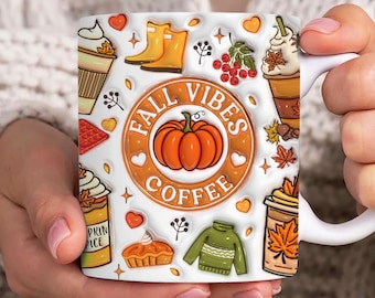 Fall Vibes Coffee 3D Inflated Mug Wrap, Fall 11oz & 15oz Mug Template, Halloween 3D Puff 11oz Mug Png, 15oz Mug Png, Coffee Mugs Png
