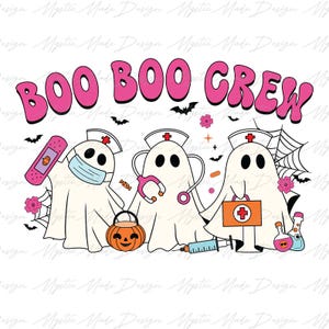 May include: A Halloween-themed graphic featuring three ghost characters dressed as nurses, with medical tools and the text "BOO BOO CREW" in pink bubble letters. Includes bats, flowers, and a jack-o'-lantern.