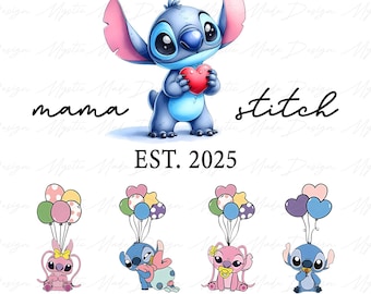 May include: A blue Stitch character holding a red heart with the text "mama" and "stitch" on either side. Below Stitch is the text "EST. 2025". Four smaller Stitch characters are shown below, each with a different name: Ava, Lucas, Olivia, and Lian.