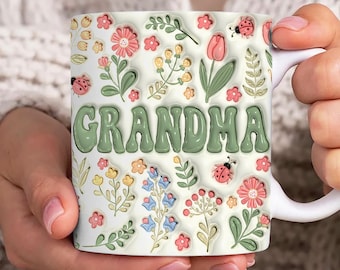 Boho Blumen Oma 3D Aufgeblasene Becherverpackung, Oma 11 Unzen Becher Vorlage, Mama 11 Unzen Becher Png, Muttertag Kaffeetassen Png, Blumen Mama 3D Puff Becher