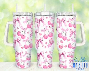 Coquette Bow 40oz Tumbler Png, Cherry Bow Tumbler 40oz Png, Pink Bow 40 oz Tumbler Wrap, Aesthetic Bows 40 oz Tumbler Png Sublimation