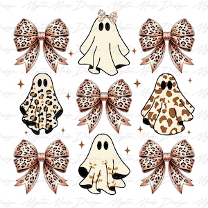 May include: Nine digital illustrations of ghosts and bows. The ghosts are white with black eyes and mouths. The bows are brown and black with a leopard print pattern. The background is white.