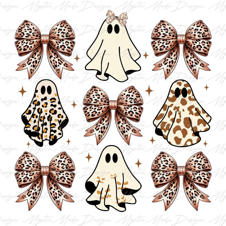 May include: Nine digital illustrations of ghosts and bows. The ghosts are white with black eyes and mouths. The bows are brown and black with a leopard print pattern. The background is white.