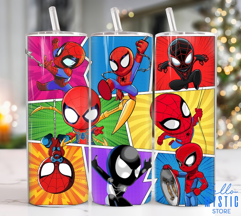 May include: A colorful tumbler with a comic book design featuring different versions of Spider-Man. The tumbler has a red, blue, yellow, green, and purple background with a white outline. The tumbler is made of stainless steel and has a clear lid.