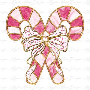 May include: Two pink and white candy canes with gold glitter accents are tied together with a pink and white bow with gold glitter accents.