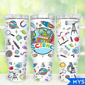 May include: Three stainless steel tumblers with lids and handles. Each tumbler features a different science-themed design with colourful illustrations of test tubes, planets, microscopes, and other science-related objects. The text "SCIENCE" is featured on one of the tumblers.