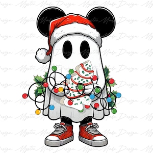 May include: A white ghost wearing a red Santa hat and Mickey Mouse ears, holding a green Christmas tree with red and white lights. The ghost is wearing red sneakers and is surrounded by colorful Christmas lights.