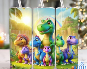 Könnte beinhalten: Ein Set mit sechs bunten Dinosaurier-Bechern mit einem Regenbogen und einem sonnigen Himmel als Hintergrund. Die Becher sind aus Edelstahl gefertigt und haben eine doppelwandige Isolierung, um Getränke kalt oder warm zu halten.