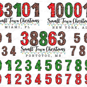 Puede incluir: Un conjunto de números rojos, verdes y marrones con estampado de leopardo y cuadros. Los números están dispuestos en una cuadrícula con el texto "Small Town Christmas" y la ciudad y el estado debajo de cada conjunto de números. Los números son del 0 al 9.