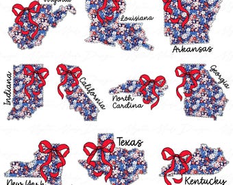 Bundle Floral Coquette States Png, Floral State Png, USA State Map Png Bundle, 4th Of July Floral Map Png, Patriotic State Map With Bow Png