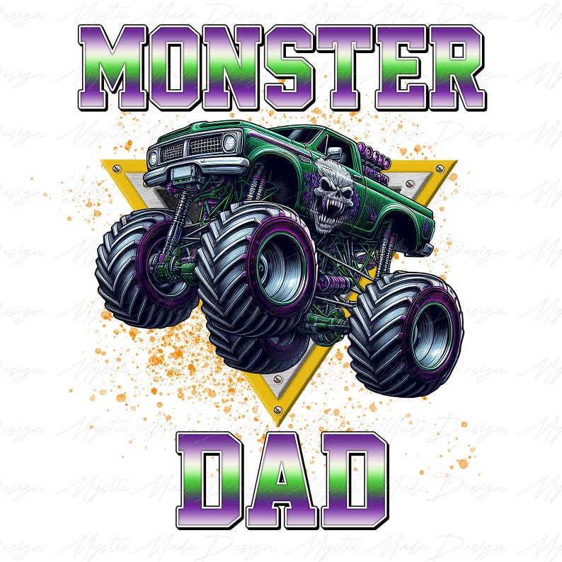 Puede incluir: Cami&oacute;n monstruo verde con una calavera en la parte delantera, conduciendo sobre un fondo amarillo y blanco. Las palabras "MONSTER DAD" est&aacute;n escritas en letras moradas y verdes.