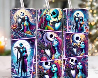 Halloween Couple 20oz Tumbler Png, Nightmare Tumbler 20oz Png, Halloween 20 oz Tumbler Wrap, Horror Characters 20 oz Skinny Tumbler Png