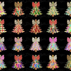 Puede incluir: Un paquete de papel digital con 20 diseños diferentes de árboles de Navidad. Los árboles están decorados con lazos, lunares, cuadros y estampado de leopardo. El fondo es negro.