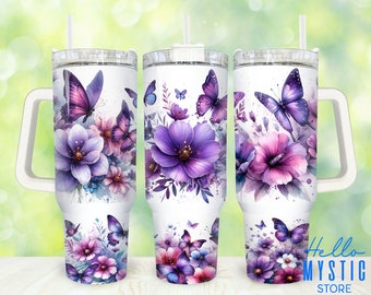 Purple Floral Butterfly 40oz Tumbler Png, Purple Flowers Tumbler 40oz Png, Floral 40oz Quencher Tumbler Wrap, Butterfly 40 oz Tumbler Png