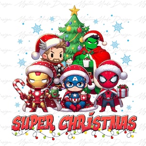 May include: A Christmas-themed illustration featuring popular superhero characters dressed in festive attire.  The characters include Iron Man, Captain America, Spider-Man, Hulk, and Thor.  The text "SUPER CHRISTMAS" is displayed at the bottom of the image.