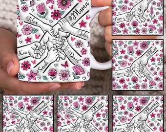 Anpassad 3D-uppblåst mugg för upp till 6 barn som håller mammas hand, mall för mammas 30 cl mugg, blommig 30 cl mugg för mamma, kaffemuggar för mors dag, png