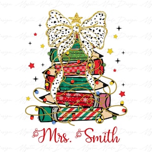 Merry Teacher Coquette Bow Png, Custom Name Christmas Teacher Png, Christmas Tree Pencils Png, Teacher Christmas Png, School Christmas Png