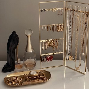 Jewelry Storage Stand for Earrings, Bracelets, and Necklaces In Gold ,  Neat Jewelry Organization Solution.