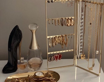 Jewelry Storage Stand for Earrings, Bracelets, and Necklaces In Gold ,  Neat Jewelry Organization Solution.