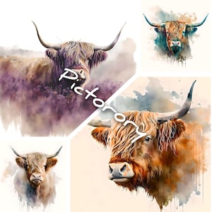 Scottish Scotland Highland Cow Coo Clipart Bundle -  20 High Quality PNG - Digital Download - Commercial Licence inc.  Watercolour, Pencil