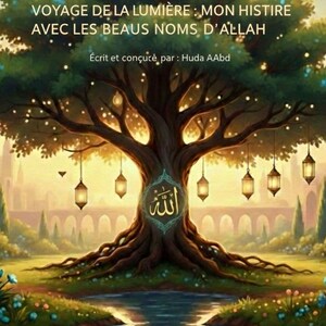 May include: An illustrated image of a large tree with a detailed trunk and lush green foliage. The tree has hanging lanterns and a symbol in the center. Text in French reads "VOYAGE DE LA LUMIÈRE : MON HISTIRE AVEC LES BEAUS NOMS D'ALLAH".