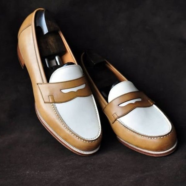 Men's handmade two tone White and Tan leather Penny loafer shoe, men's dress up wingtip shoe, men's cap toe and weddingshoe