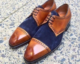 Men's handmade two tone Blue Suede and Tan leather Oxford shoe, men's dress up wingtip shoe, men's cap toe and formal  shoe