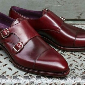 Men's handmade Burgundy leather Double monk strap shoe, men's dress up formal shoe, men's toe cap wedding shoe