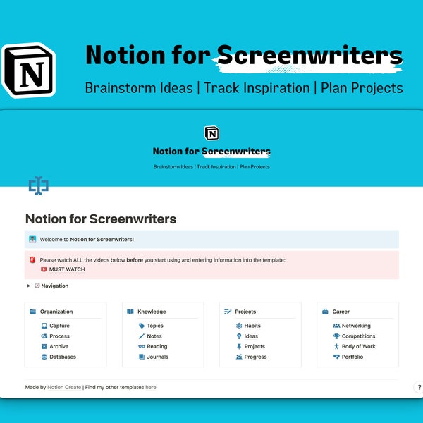 Notion for Screenwriters | Digital Planner | Notion Template | Brainstorming Tool | Writing Planner | Networking Tool | Habit Tracker