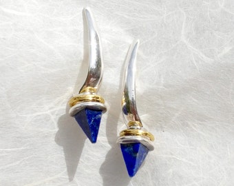 GIZA Lapis Lazuli and Gold Illusion Earrings, Dangle Drop Earring, 925 Silver and 18k Gold Plated Brass, Natural Point Stone, Push Back Post