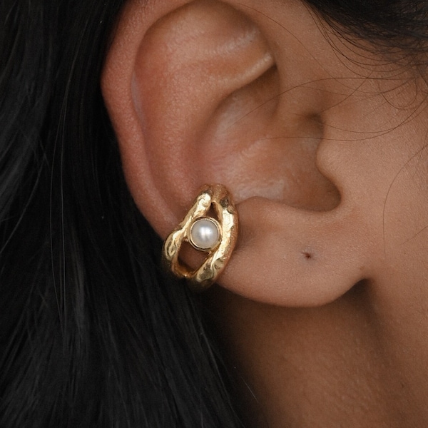 Gold Ear Cuff with Natural Pearl, 18k Gold Plated Brass, Silver or Gold Finish, June Birthstone, Chunky Sculptural Minimal Modern Design