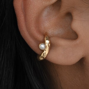 Gold Ear Cuff with Natural Pearl, 18k Gold Plated Brass, Silver or Gold Finish, June Birthstone, Chunky Sculptural Minimal Modern Design