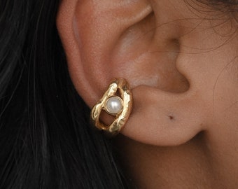 Gold Ear Cuff with Natural Pearl, 18k Gold Plated Brass, Silver or Gold Finish, June Birthstone, Chunky Sculptural Minimal Modern Design