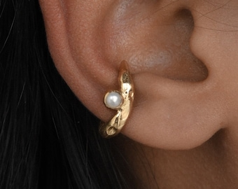 Gold Ear Cuff with Natural Pearl, 18k Gold Plated Brass, Silver or Gold Finish, June Birthstone, Chunky Sculptural Minimal Modern Design