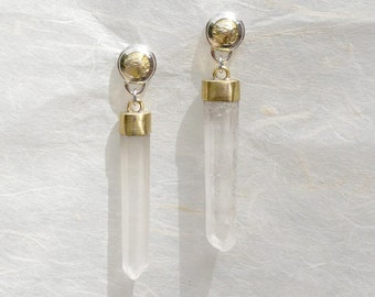 Himalayan Quartz and Gold Earrings, Dangle Earring, 925 Silver and 18k Gold Plated Brass, Natural Point Pencil Drop, Push Back Post, Gifting