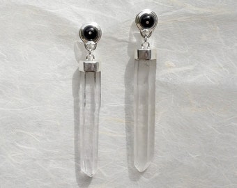 Onyx and Himalayan Quartz Earrings, Dangle Earring, 925 Sterling Silver, Natural Point Pencil Drop, Push Back Post, Black and White Style