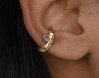 Gold Ear Cuff, Natural Blue Topaz, Minimalist Modern Design