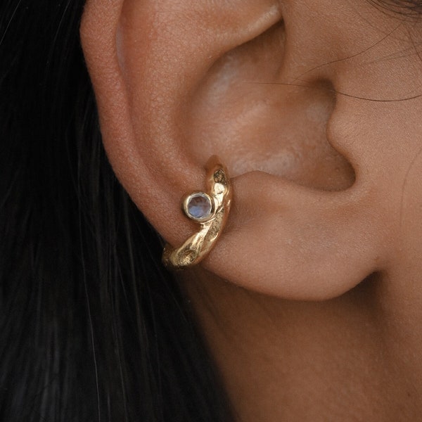Gold Ear Cuff with Natural Blue Topaz, 18k Gold Plated Brass, Silver or Gold Finish, December Birthstone, Sculptural Minimal Modern Design