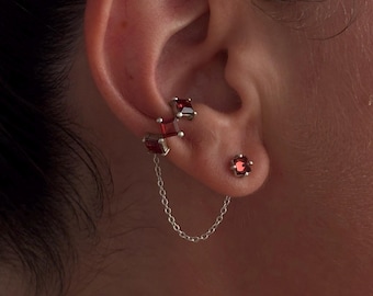 Garnet Sterling Silver Chain Ear Cuff, January Birthstone Ear Wrap