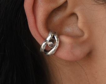 Silver Ear Cuff with Smokey Quartz, Silver or Gold Finish, 925 Sterling Silver, No Piercing Cuff, Chunky Sculptural Minimalist Modern Design