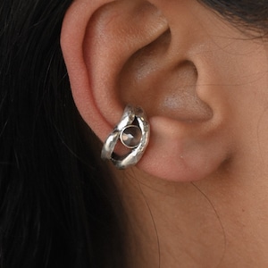 Silver Ear Cuff with Smokey Quartz, Silver or Gold Finish, 925 Sterling Silver, No Piercing Cuff, Chunky Sculptural Minimalist Modern Design