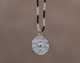 Reversible Beaded Coin Necklace, 925 Sterling Silver with Emerald, Ruby or Aquamarine, Dainty Drop Pendant, Boho Chain Design, Tribal Stamp