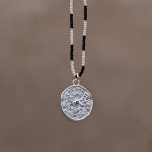 Reversible Sterling Silver Beaded Necklace, Emerald Ruby Aquamarine Coin Pendant
