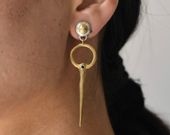 Long Spike Earrings, Dangle and Drop Statement Earring, Gold Plated Brass, 925 Sterling Silver, Natural Black Onyx, Push Back Post, Gifting