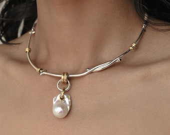 VIVARA Silver Choker, Silver or Gold Finish, Natural Baroque Pearl Necklace, 925 Sterling Silver, Boho Statement Necklace, Gift For Women