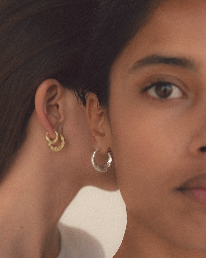 CHANDRA Gold Hoop Earrings, 18K Gold Plated Brass, Gold or Silver Finish, Sculptural Hammered Design, Minimalist Handmade Jewelry, Gifting image 5