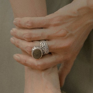 Avant Garde Textured Ring, Chunky Statement Irregular Ring, Golden Obsidian, Sterling Silver, Thick Wide Band, Unisex , Handmade Gifting